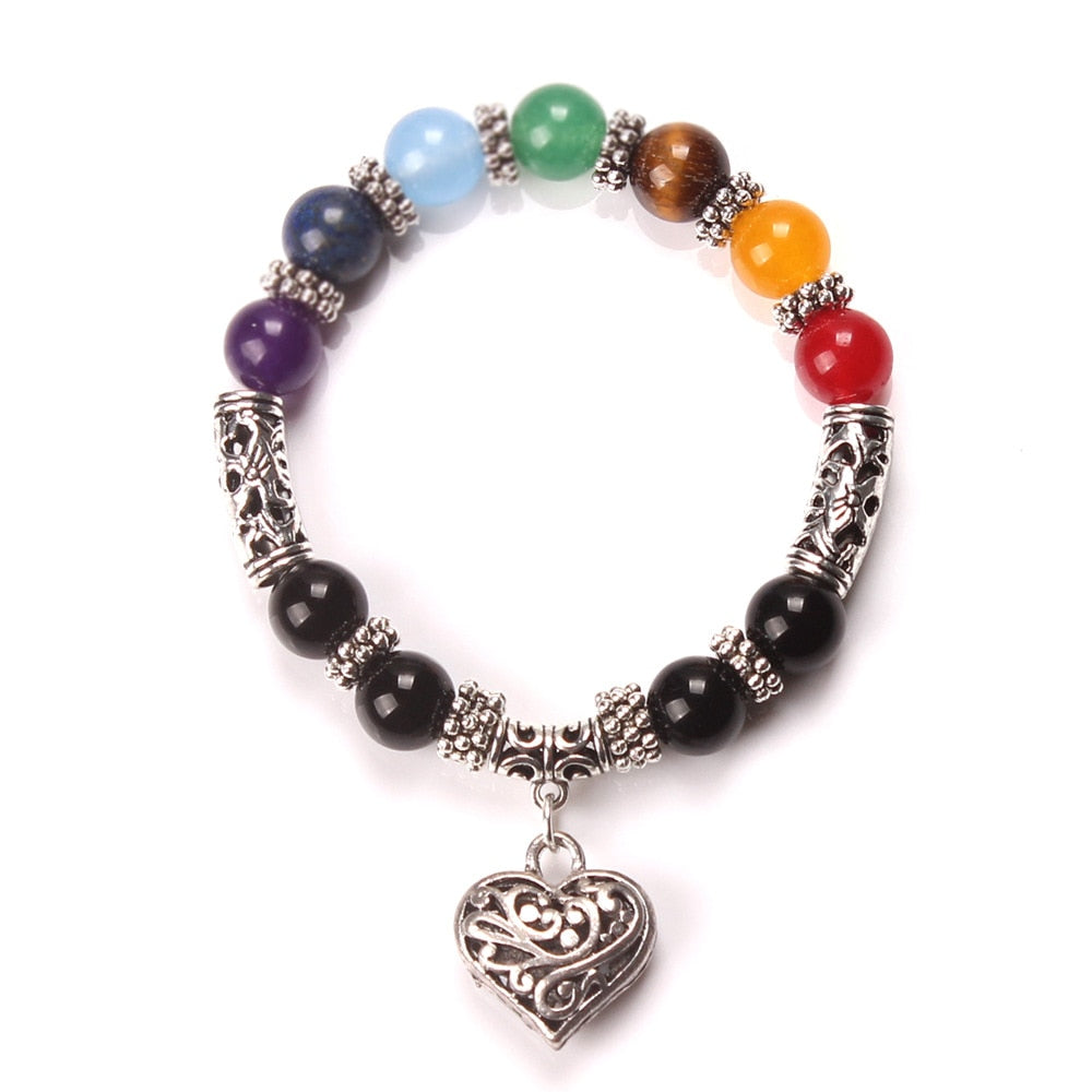 Men Women 7 Chakra Bracelets Bangles Colors Mixed Healing Crystals Stone Chakra Pray Mala Heart Charm Bracelet Jewelry