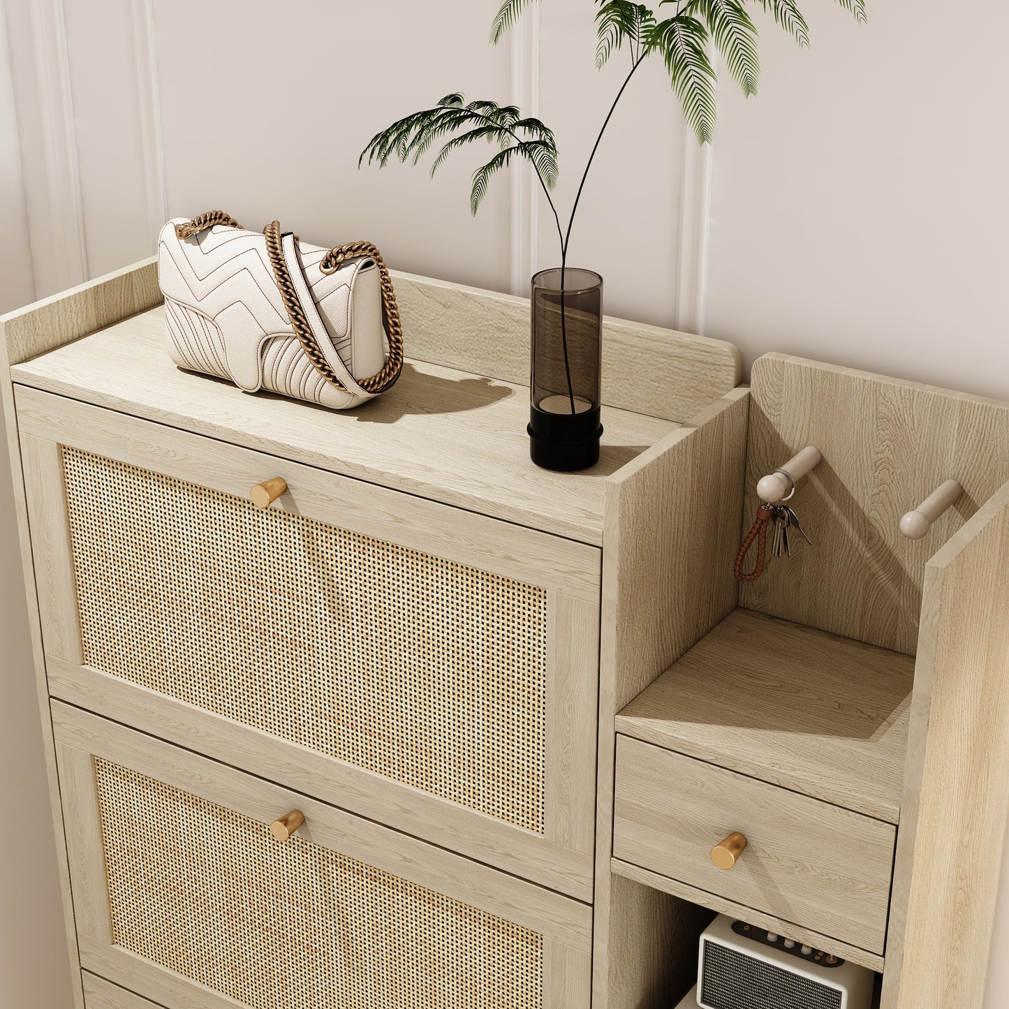 Natural Bohemian style shoe cabinet with 3 rattan flip drawers, 3 square shelves, and 1 storage drawer,  Natural