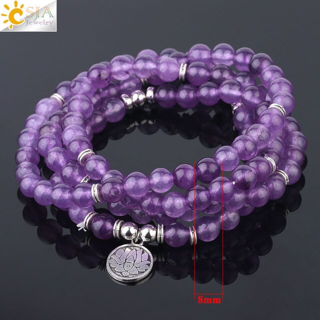 Natural Stone Yoga Healing Bracelet 108 Mala Bead Purple Crystal Wrap Bracelets Tree of Life Lotus Charms Women Bangle