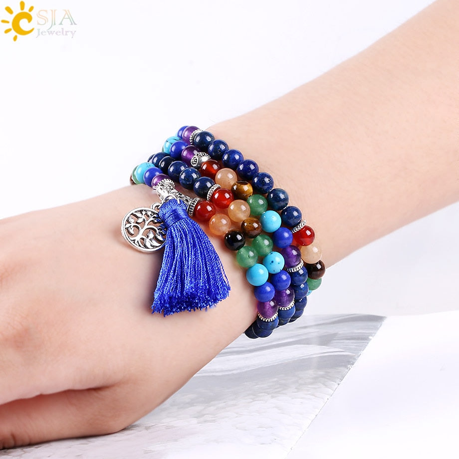 CSJA 7 Chakra Multilayer Charms Bracelets Jewelry Lapis Lazuli 108 Mala Prayer Beads Reiki Healing Yoga Meditation Power