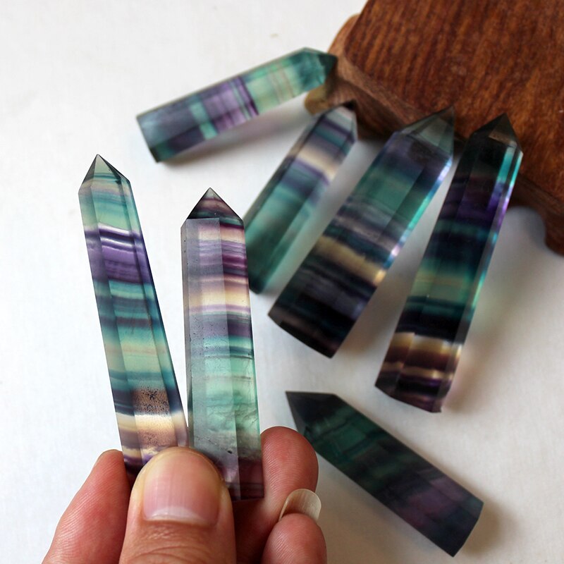 100% Natural Fluorite Crystal Colorful Striped Fluorite Quartz Crystal Stone Hot Point Healing Hexagonal Wand Treatment Stone