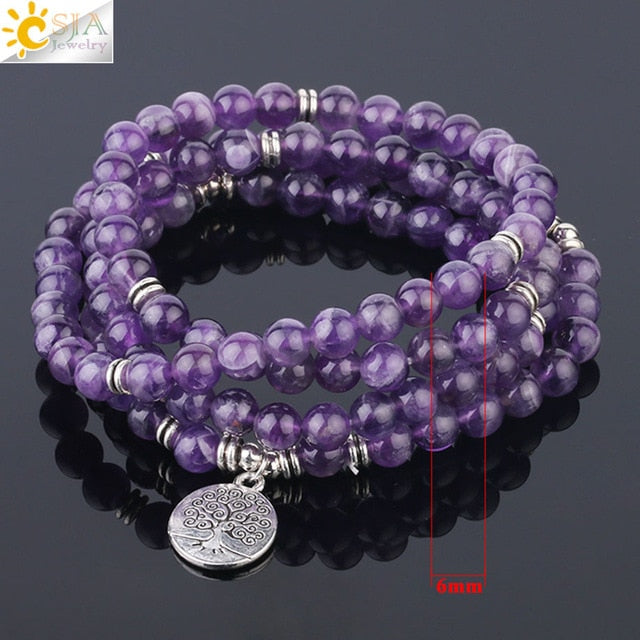 Natural Stone Yoga Healing Bracelet 108 Mala Bead Purple Crystal Wrap Bracelets Tree of Life Lotus Charms Women Bangle