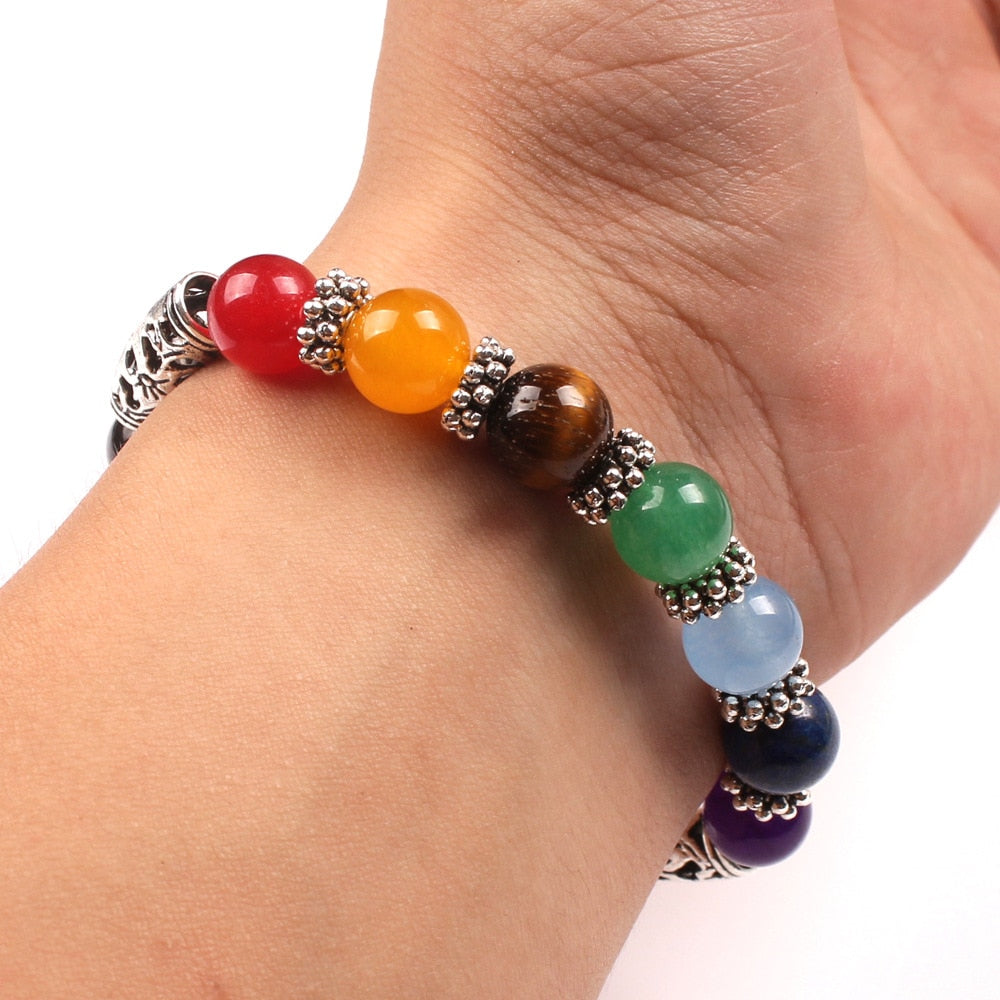 Men Women 7 Chakra Bracelets Bangles Colors Mixed Healing Crystals Stone Chakra Pray Mala Heart Charm Bracelet Jewelry