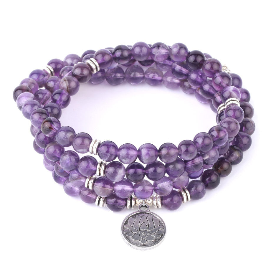 Natural Stone Yoga Healing Bracelet 108 Mala Bead Purple Crystal Wrap Bracelets Tree of Life Lotus Charms Women Bangle