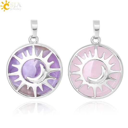 CSJA Sun & Moon Pendant Reiki Healing Natural Stone Purple White Crystal Quartz Beads for Jewelry Making Necklace