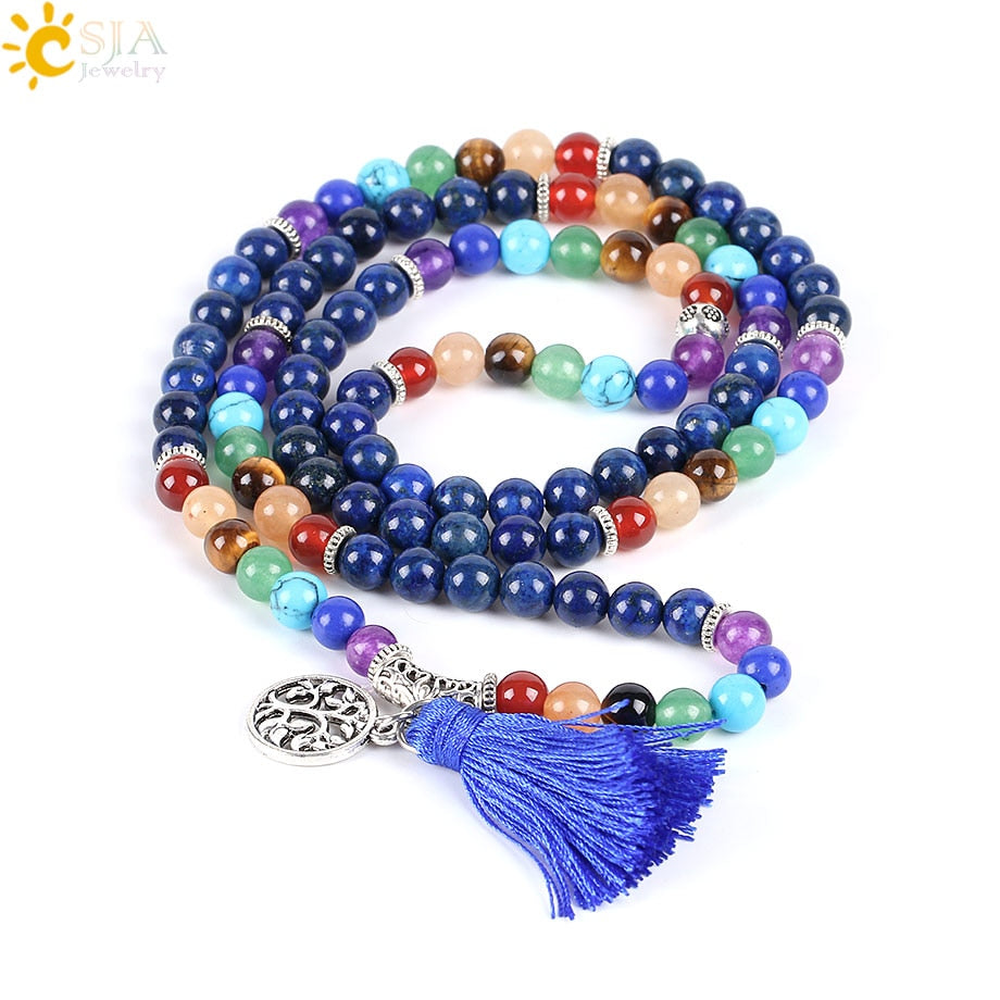 CSJA 7 Chakra Multilayer Charms Bracelets Jewelry Lapis Lazuli 108 Mala Prayer Beads Reiki Healing Yoga Meditation Power