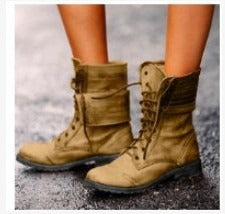 Popular retro women's leather boots with front lace up and thick knight boots