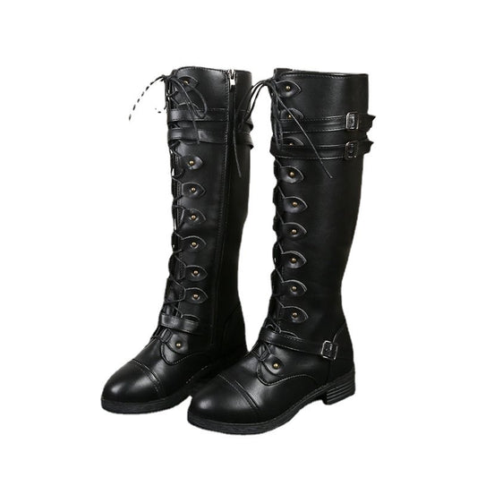 New oversized knight boots for women in autumn and winter, new round head rivet belt buckle square heel boots