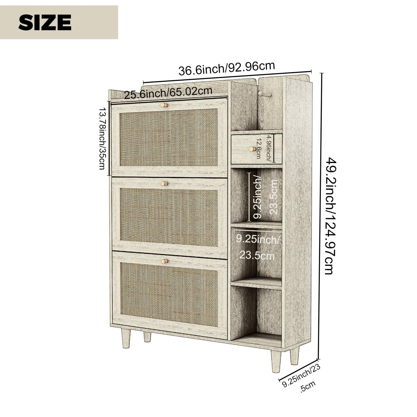 Natural Bohemian style shoe cabinet with 3 rattan flip drawers, 3 square shelves, and 1 storage drawer,  Natural