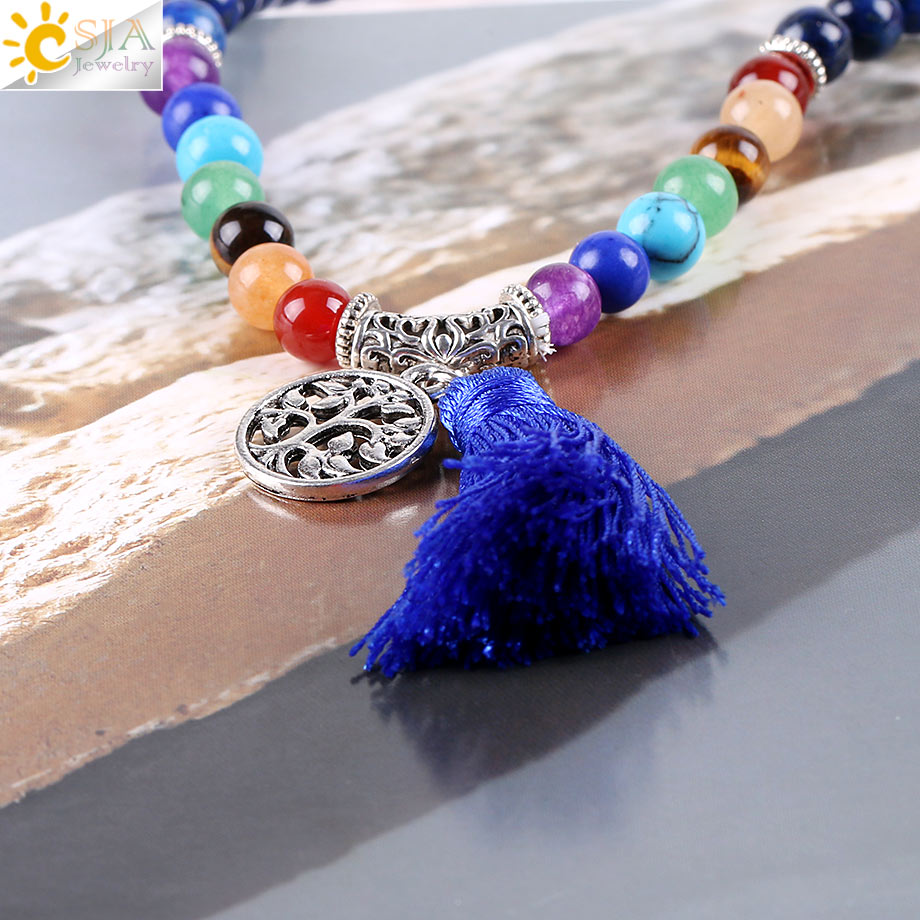 CSJA 7 Chakra Multilayer Charms Bracelets Jewelry Lapis Lazuli 108 Mala Prayer Beads Reiki Healing Yoga Meditation Power