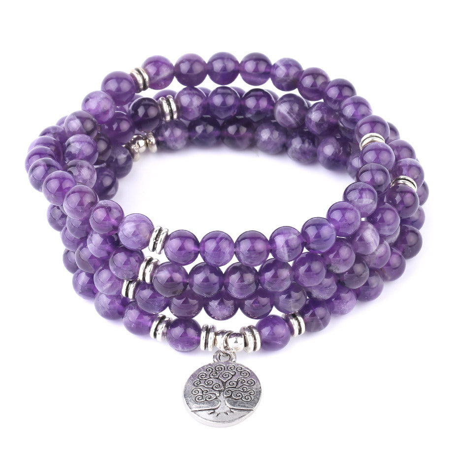 Natural Stone Yoga Healing Bracelet 108 Mala Bead Purple Crystal Wrap Bracelets Tree of Life Lotus Charms Women Bangle