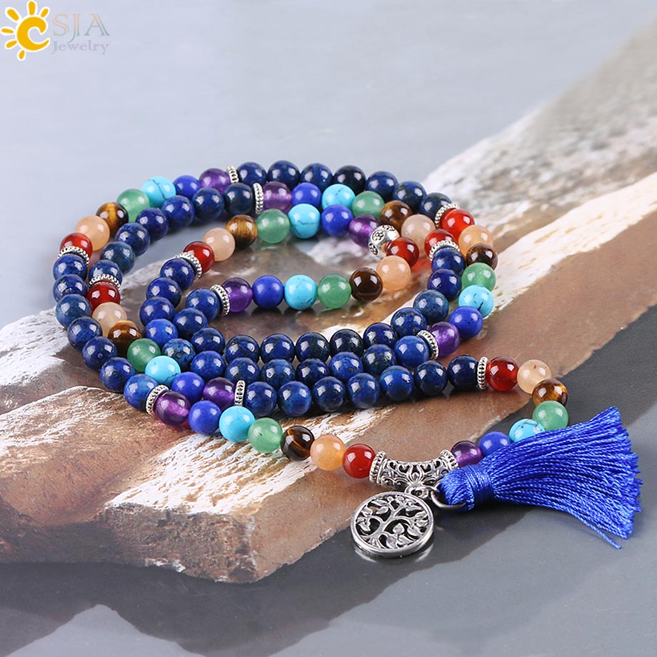 CSJA 7 Chakra Multilayer Charms Bracelets Jewelry Lapis Lazuli 108 Mala Prayer Beads Reiki Healing Yoga Meditation Power