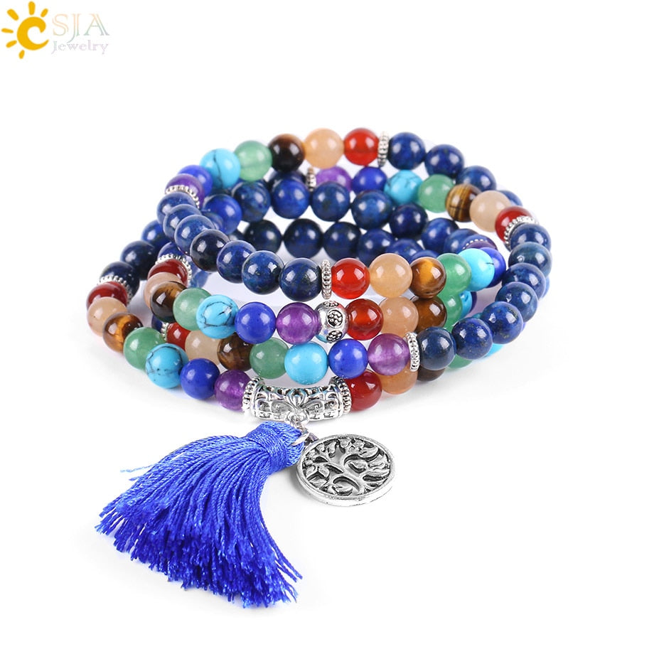 CSJA 7 Chakra Multilayer Charms Bracelets Jewelry Lapis Lazuli 108 Mala Prayer Beads Reiki Healing Yoga Meditation Power