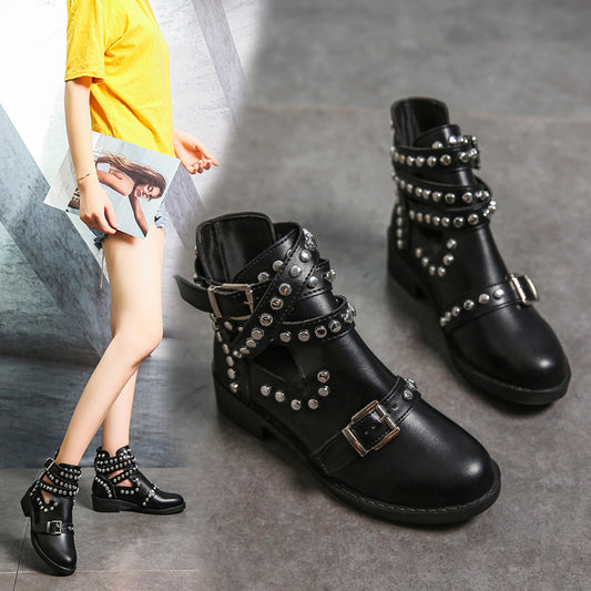 Trendy Round Head Fashion Metal Rivet Belt Buckle Martin Boots Women's Boots