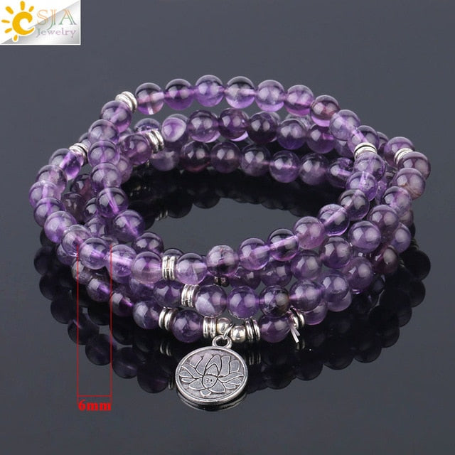 Natural Stone Yoga Healing Bracelet 108 Mala Bead Purple Crystal Wrap Bracelets Tree of Life Lotus Charms Women Bangle