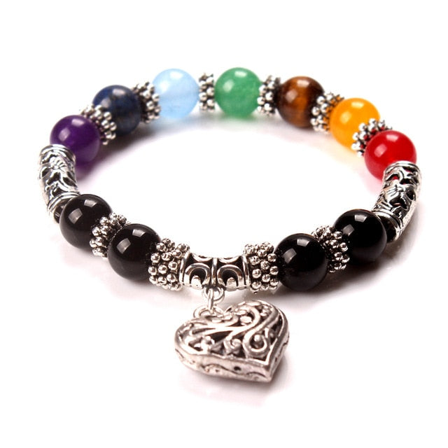 Men Women 7 Chakra Bracelets Bangles Colors Mixed Healing Crystals Stone Chakra Pray Mala Heart Charm Bracelet Jewelry