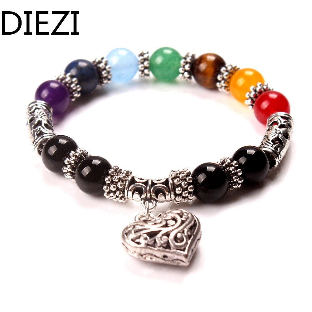 Men Women 7 Chakra Bracelets Bangles Colors Mixed Healing Crystals Stone Chakra Pray Mala Heart Charm Bracelet Jewelry