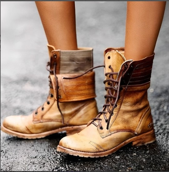 Popular retro women's leather boots with front lace up and thick knight boots