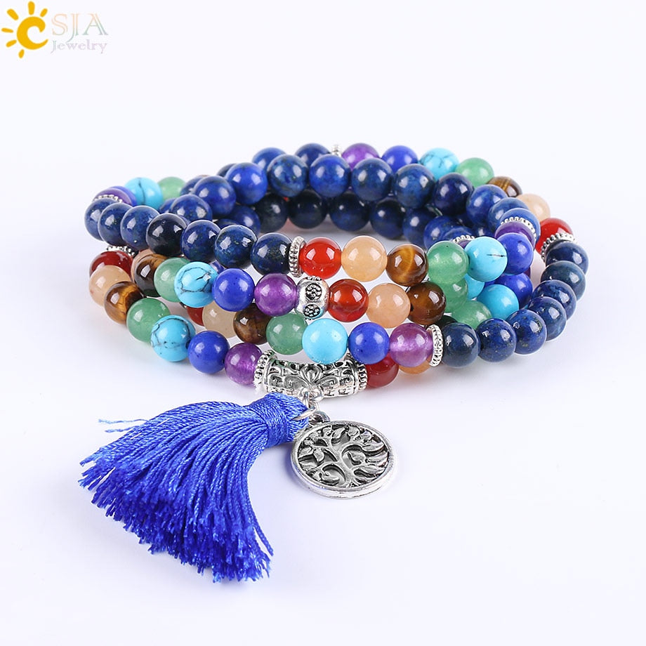 CSJA 7 Chakra Multilayer Charms Bracelets Jewelry Lapis Lazuli 108 Mala Prayer Beads Reiki Healing Yoga Meditation Power