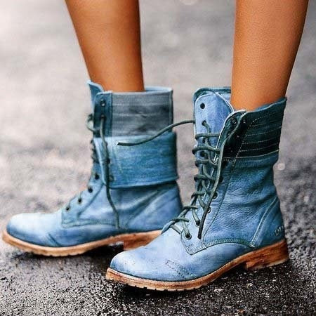 Popular retro women's leather boots with front lace up and thick knight boots