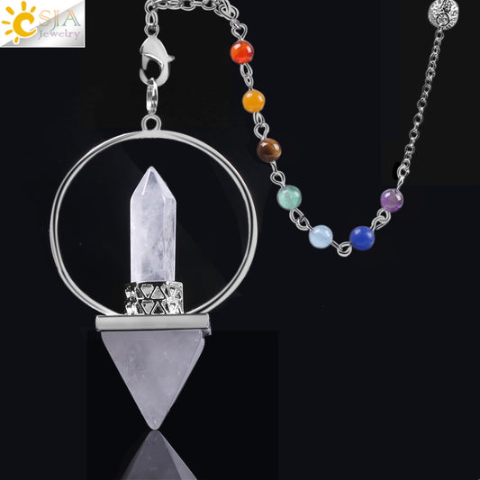 CSJA Reiki Healing 7 Chakra Natural Stone Pendulum for Dowsing Hexagonal Prism Pyramid White Pink Crystal Obsidian Pendants