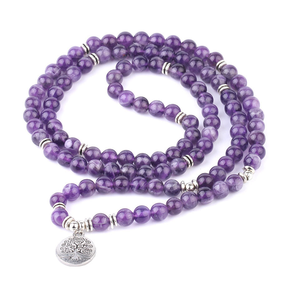 Natural Stone Yoga Healing Bracelet 108 Mala Bead Purple Crystal Wrap Bracelets Tree of Life Lotus Charms Women Bangle