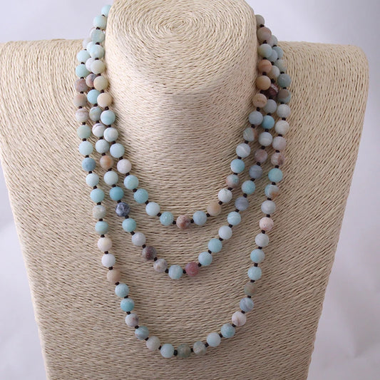 Long Knotted Beads Halsband Frosted Amazonite Stones Necklace