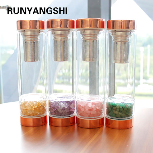 Natural  Crystal Elixir Bottles gemstone Glass  therapy stone Tea filter filter bottle Healing Crystal Infuser Energy cup