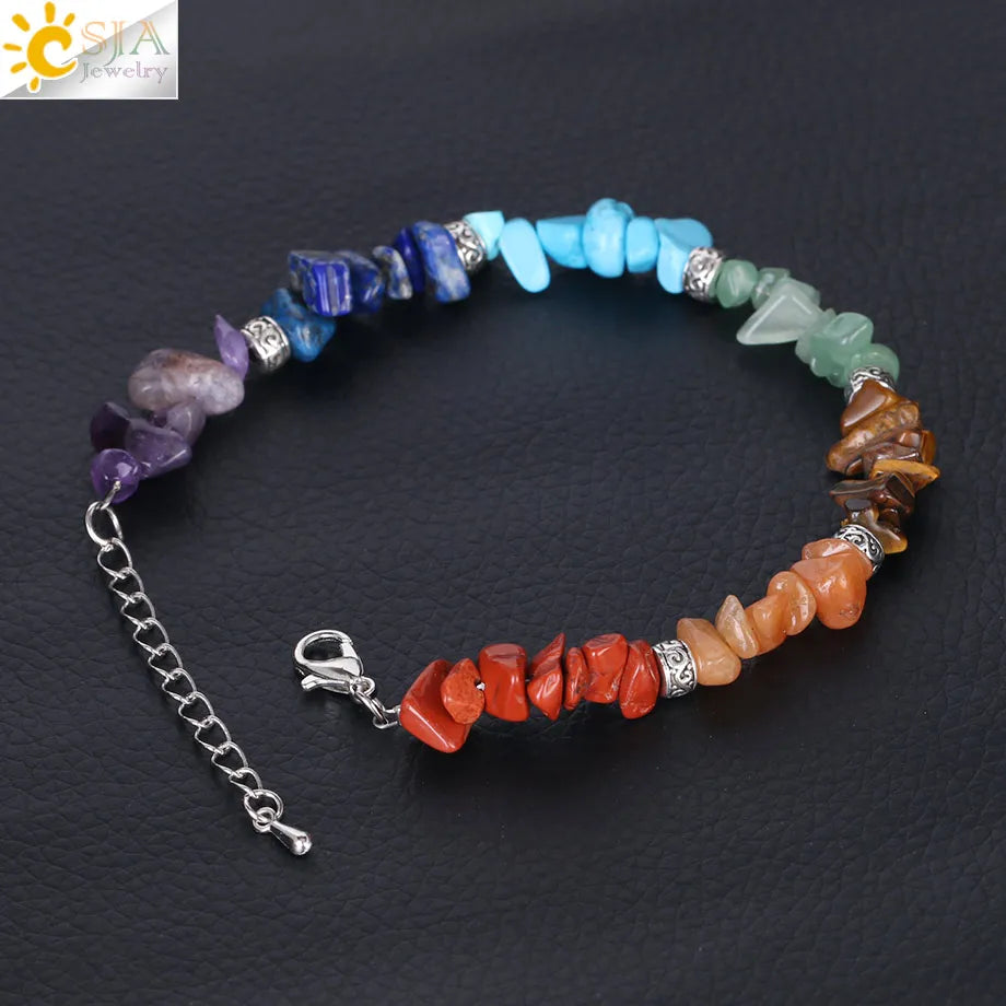 7 Chakra Reiki Women Bracelets Chain Link Lobster Clasp Healing Balance Natural Chip Stone